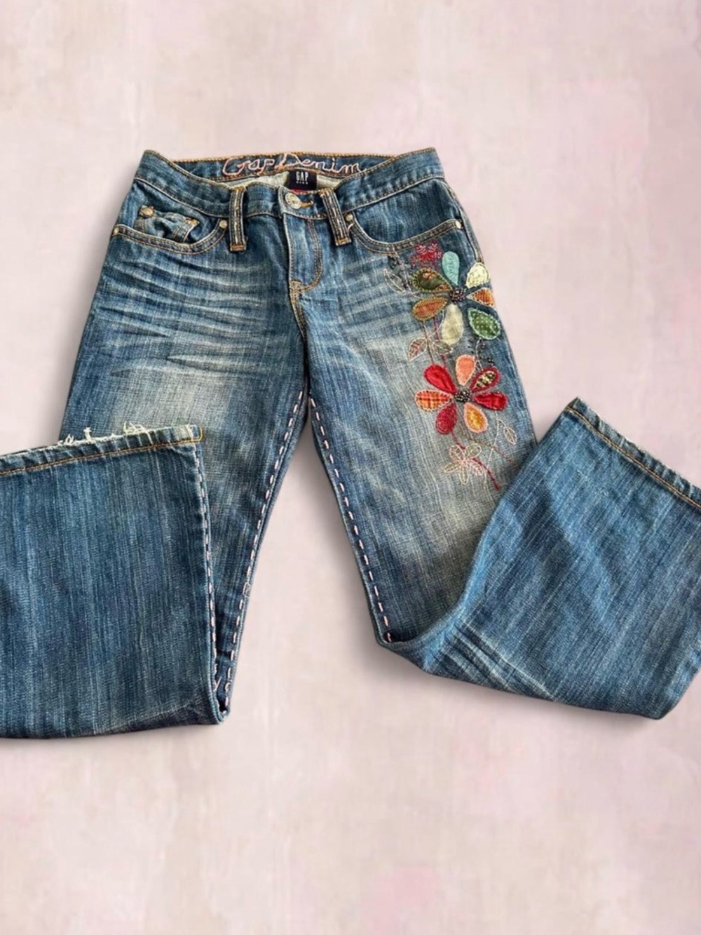Kids GAP Flower Embroidered Boot Cut Jeans  with Pink Stitching All Around